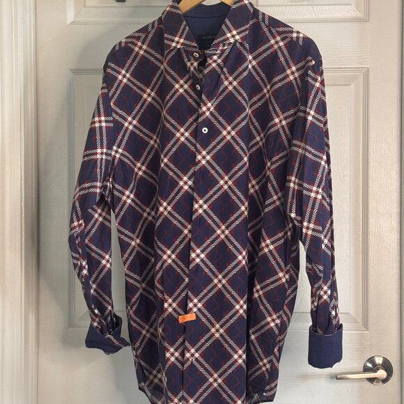Bugatchi Long-sleeve Button-down Men's Cotton Bold Red, White & Blue Shirt, XL - Picture 3 of 4